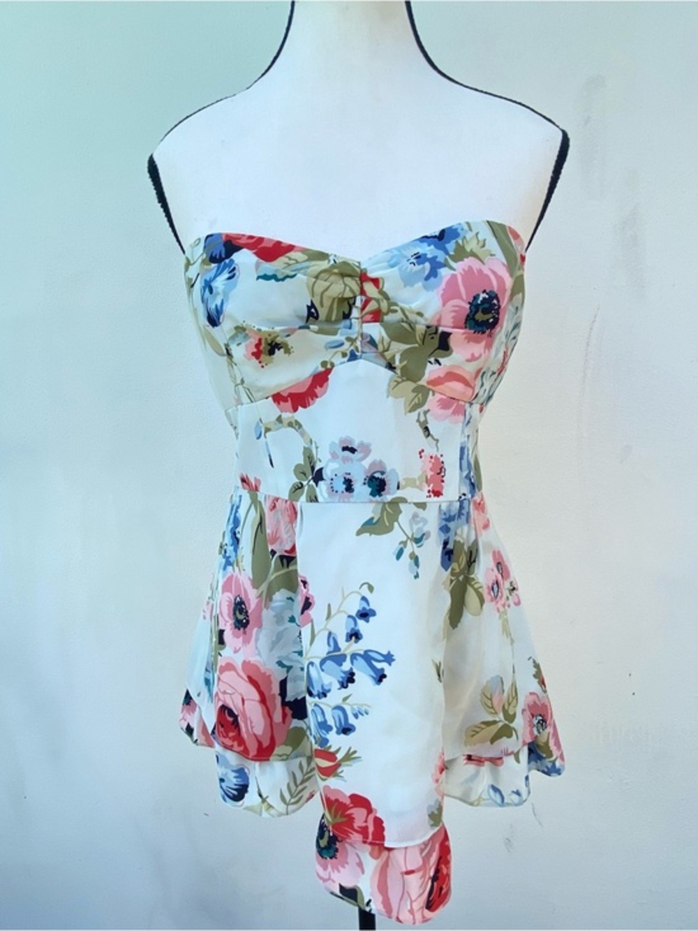 Y2K Nanette Lepore 100% Silk Blue Floral Strapless Sweetheart Top Size 8
